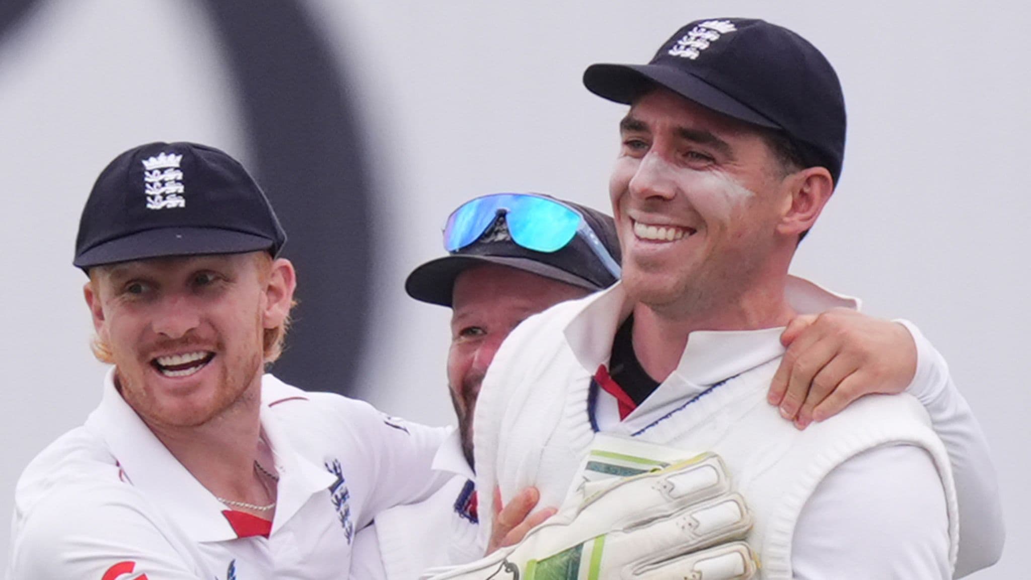 Dan Lawrence celebrates his stunning slip catch with team-mates during the third Test at Edgbaston